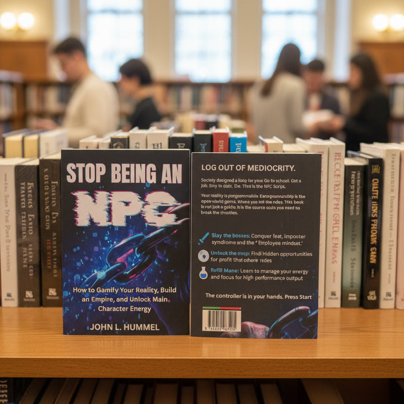 Book titled 'Stop Being an NPC' on a library shelf with blurred people in the background