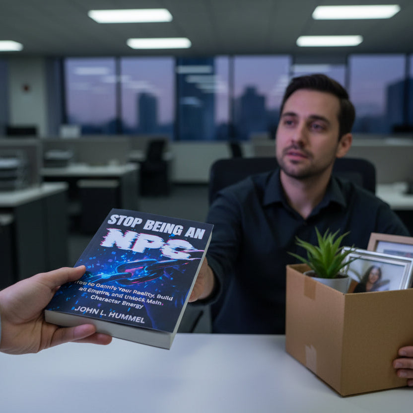 Person holding a book titled 'Stop Being an NPC' in an office setting