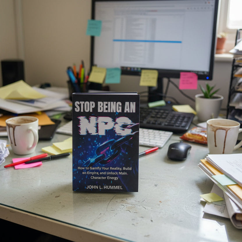 Book titled 'Stop Being an NPC' on a cluttered desk with a computer and coffee cups.