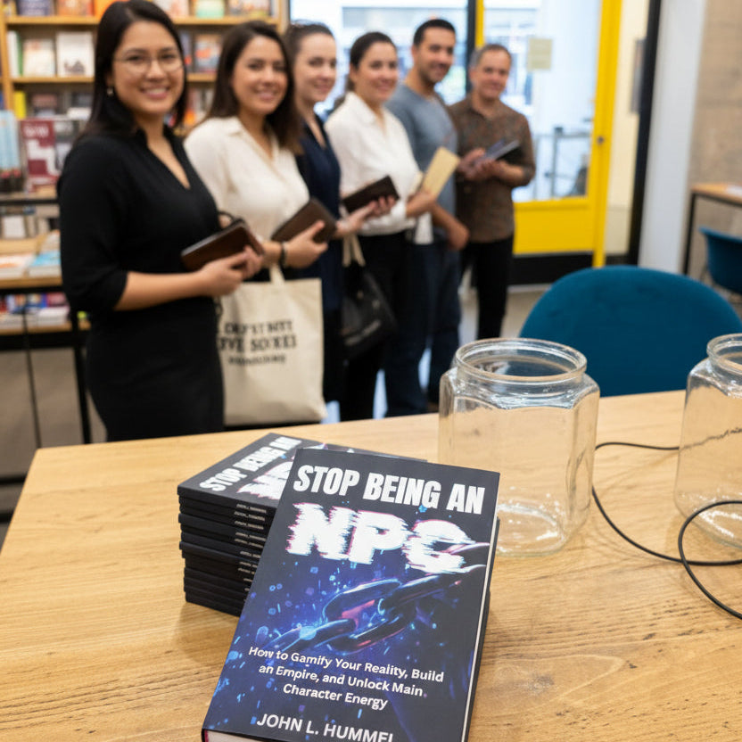 Book titled 'Stop Being an NPC' by John L. Hummel on a wooden surface with stacks of books in the background.