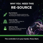 Promotional graphic with text about breaking mediocrity, hands holding a gaming controller, and a barcode on a dark background.