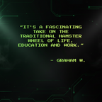 Text on a dark background with green digital lines