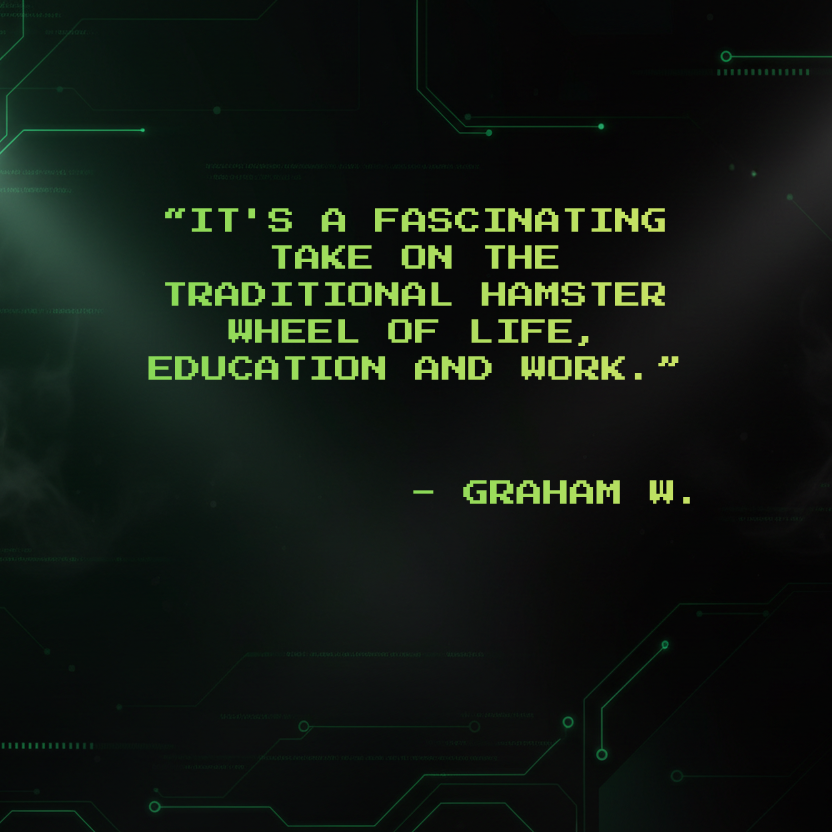 Text on a dark background with green digital lines
