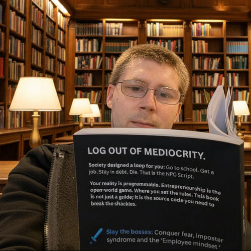 Person holding a book titled 'Log Out of Mediocrity' in a library setting