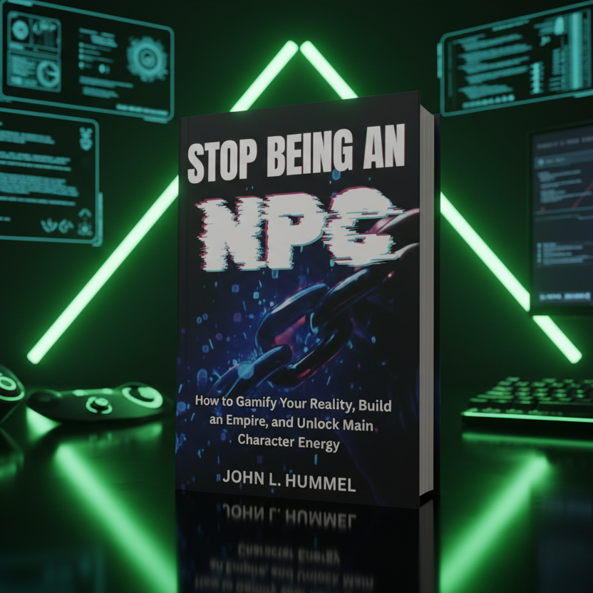 Book titled 'Stop Being an NPC' on a futuristic computer interface background